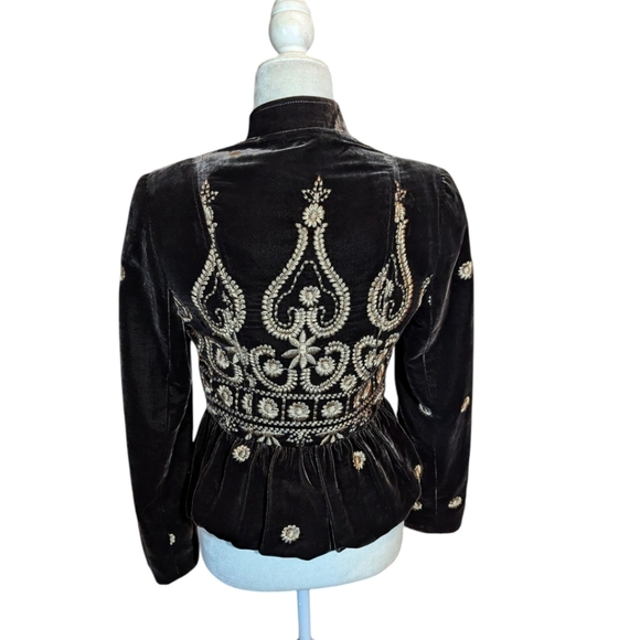 People Like Frank Anthropologie Brown Peplem Velvet Blazer Gold Embroidery Sz XS - Picture 5 of 14